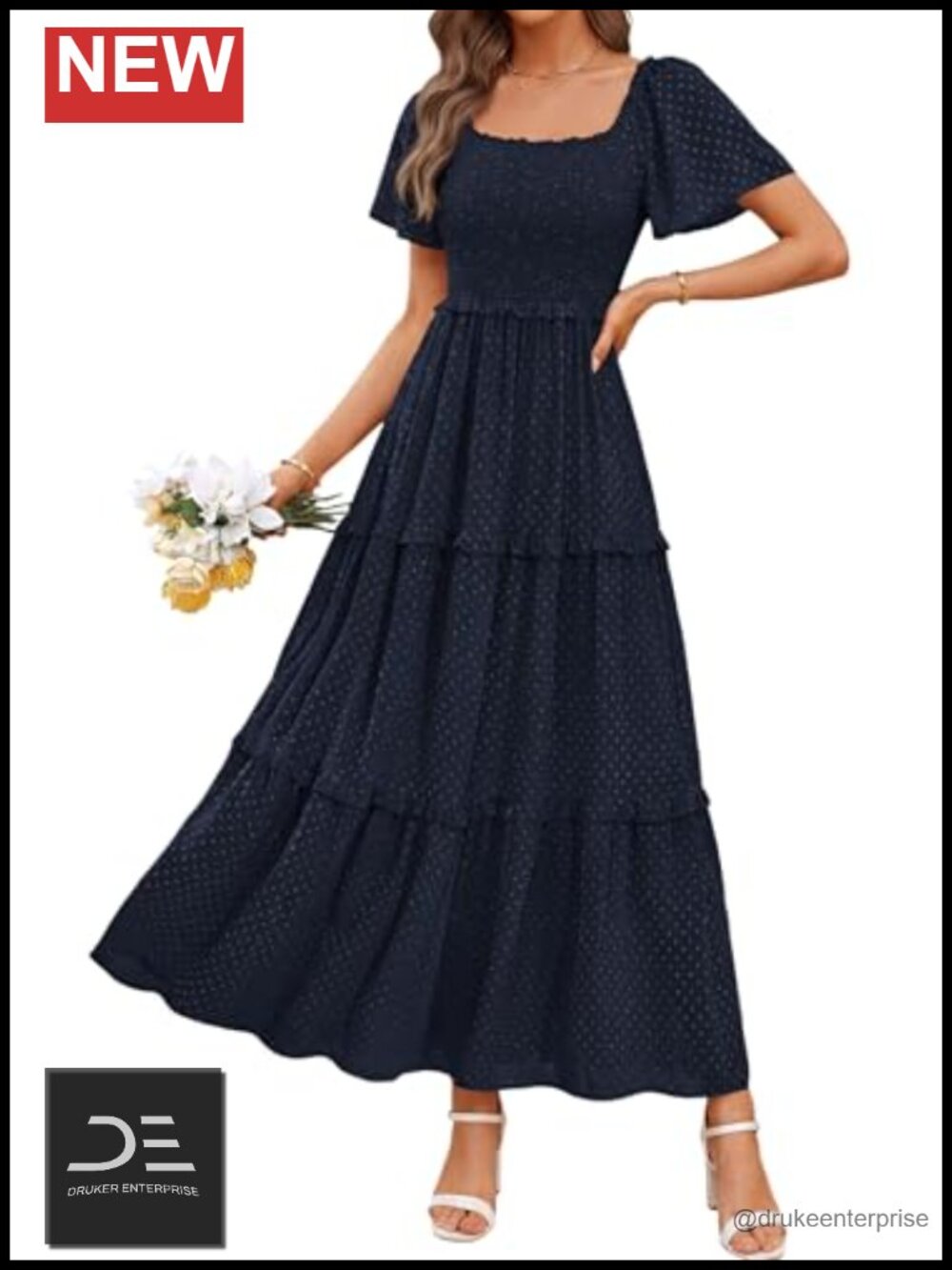 Womens Boho Maxi Swiss Dot Dress Square Neck Short Sleeve Summer